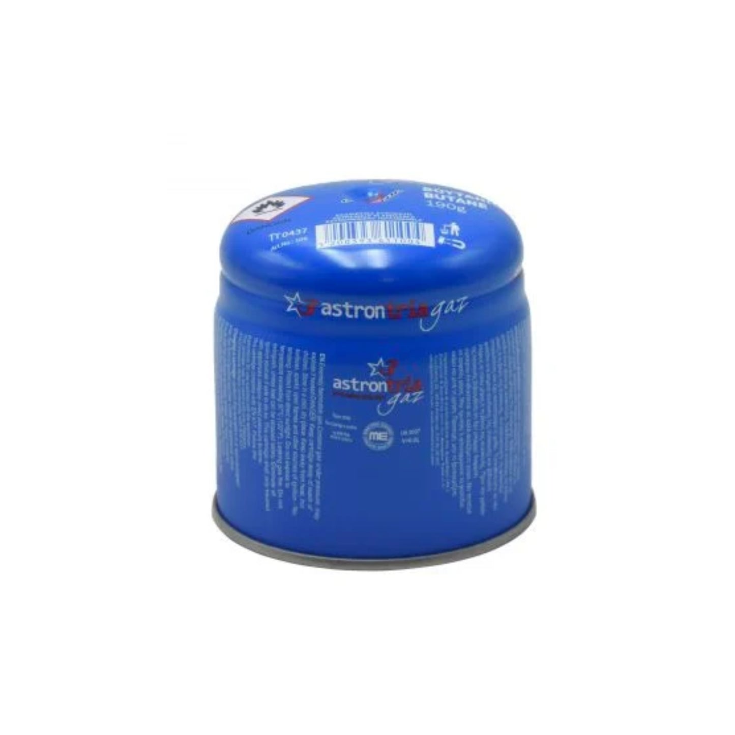 Astrontria 190g butane gas canister in all blue with compact squat shape and pierceable head for camping stoves and portable torches