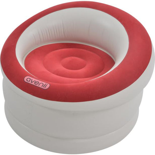 Avenli inflatable round armchair in red with deep flocked seat and white ribbed PVC barrel base — available in two colors