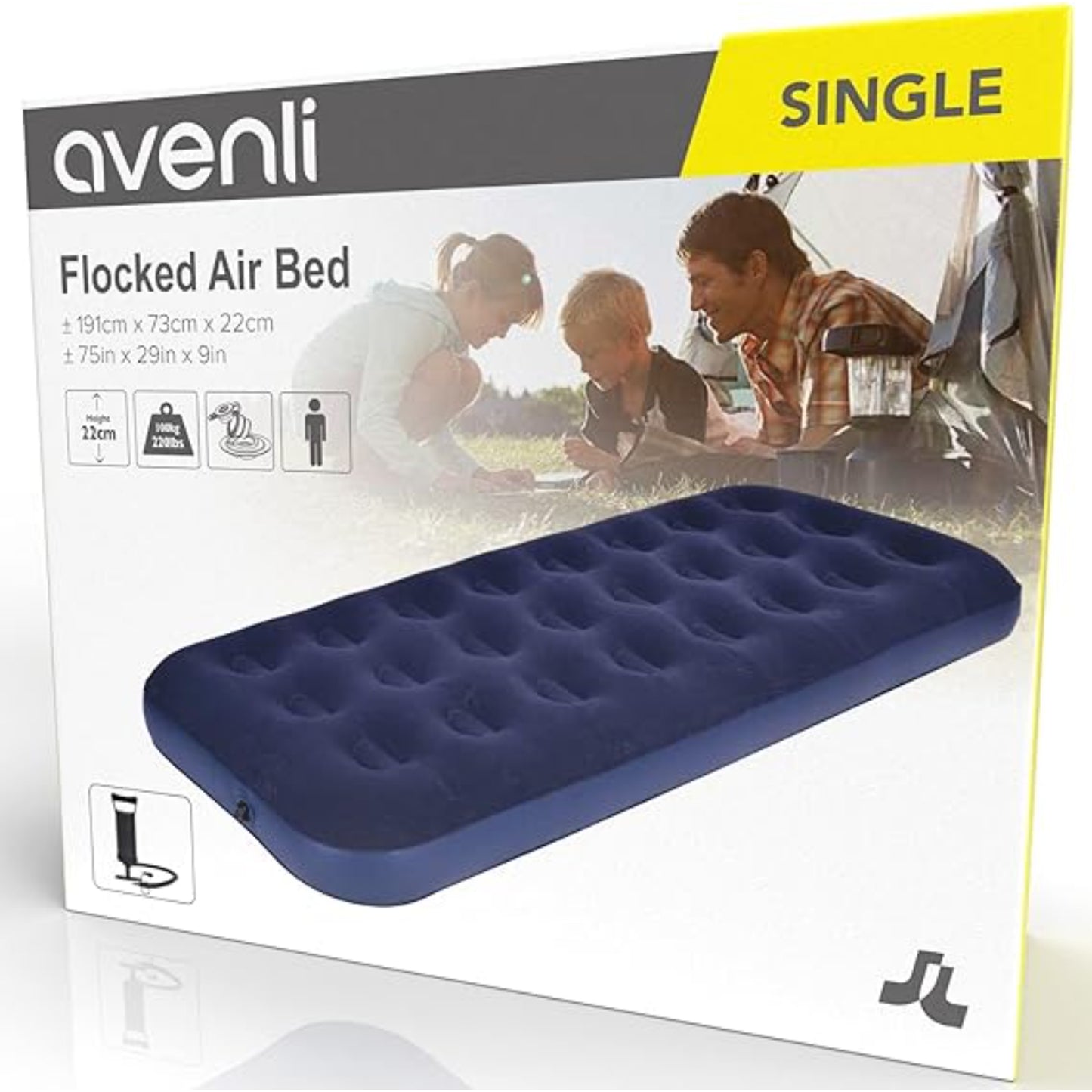 Avenli single inflatable air mattress deflated and folded to compact size for easy camping transport and storage