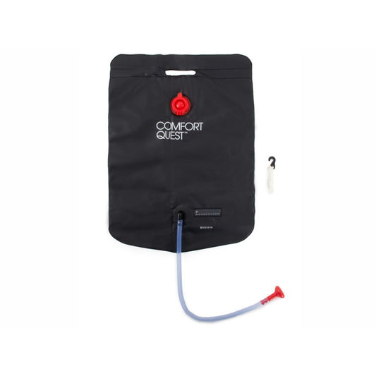 Close up of Bestway solar camping shower bag orange flow control tap for easy water on and off control