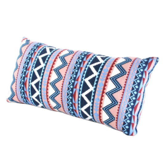 Boho ethnic foam camping pillow with bold navy, pink and blue zigzag geometric pattern on soft washable cotton cover at 39 x 18 x 6cm