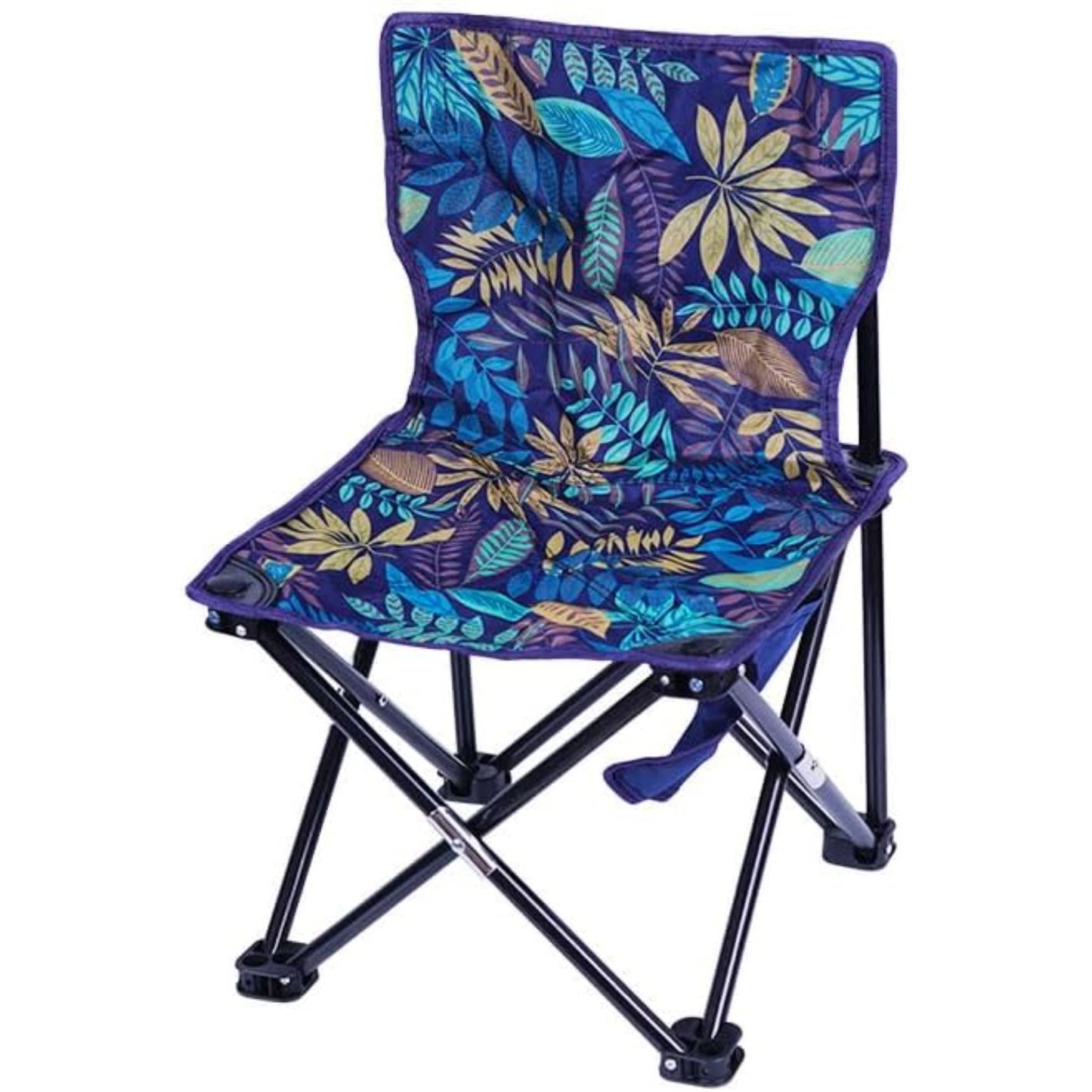 Foldable camp chair with bold tropical leaf print in blue, purple, teal and gold with padded quilted seat and black steel X-frame