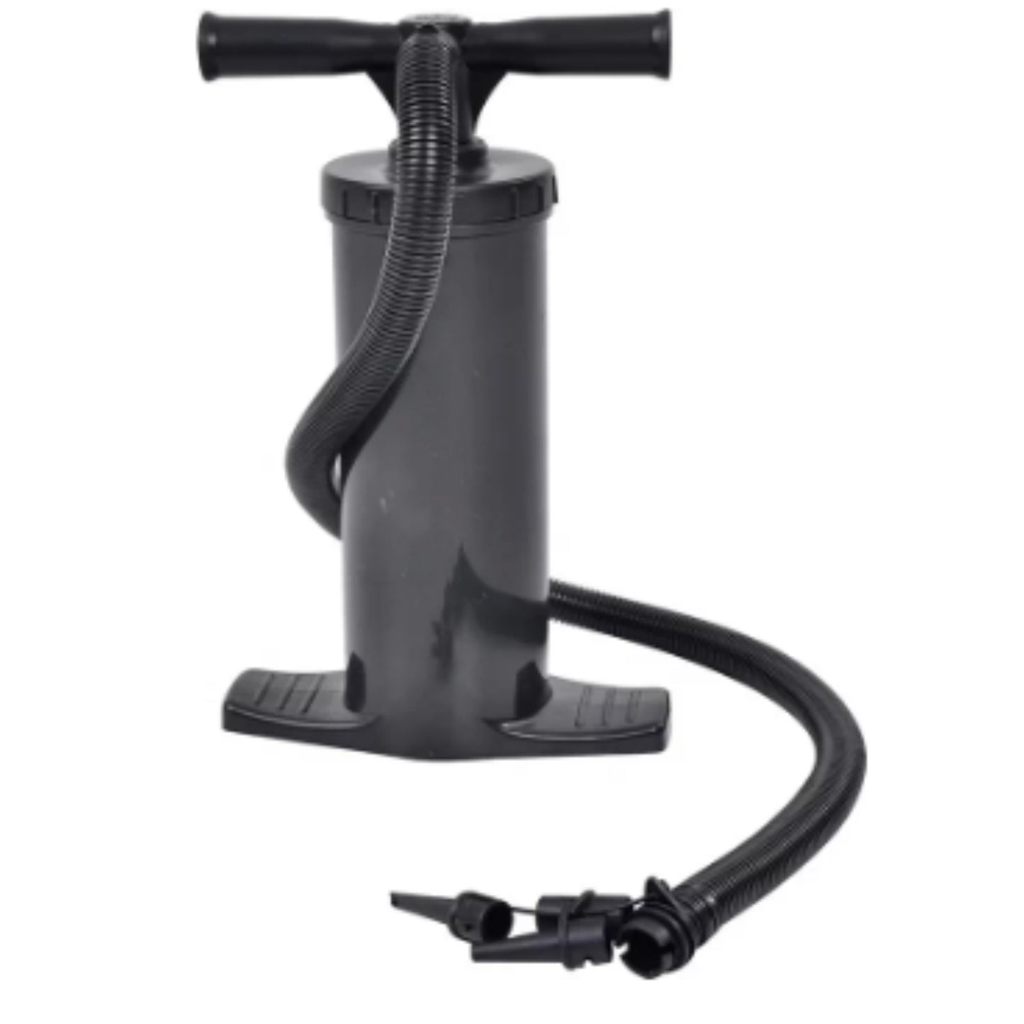 Double-action hand pump 38cm in dark grey with two-hand T-bar rubber grip handle, dual flexible hose and 3 nozzle adapters