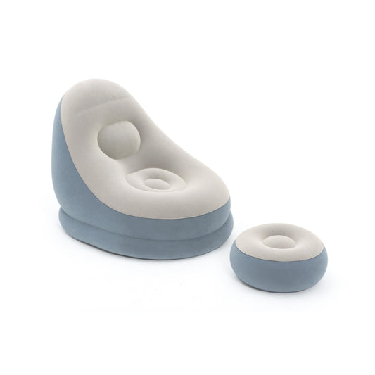 Close up of Comfort Cruiser inflatable lounge chair high curved backrest with contoured lumbar support and grey flocked surface