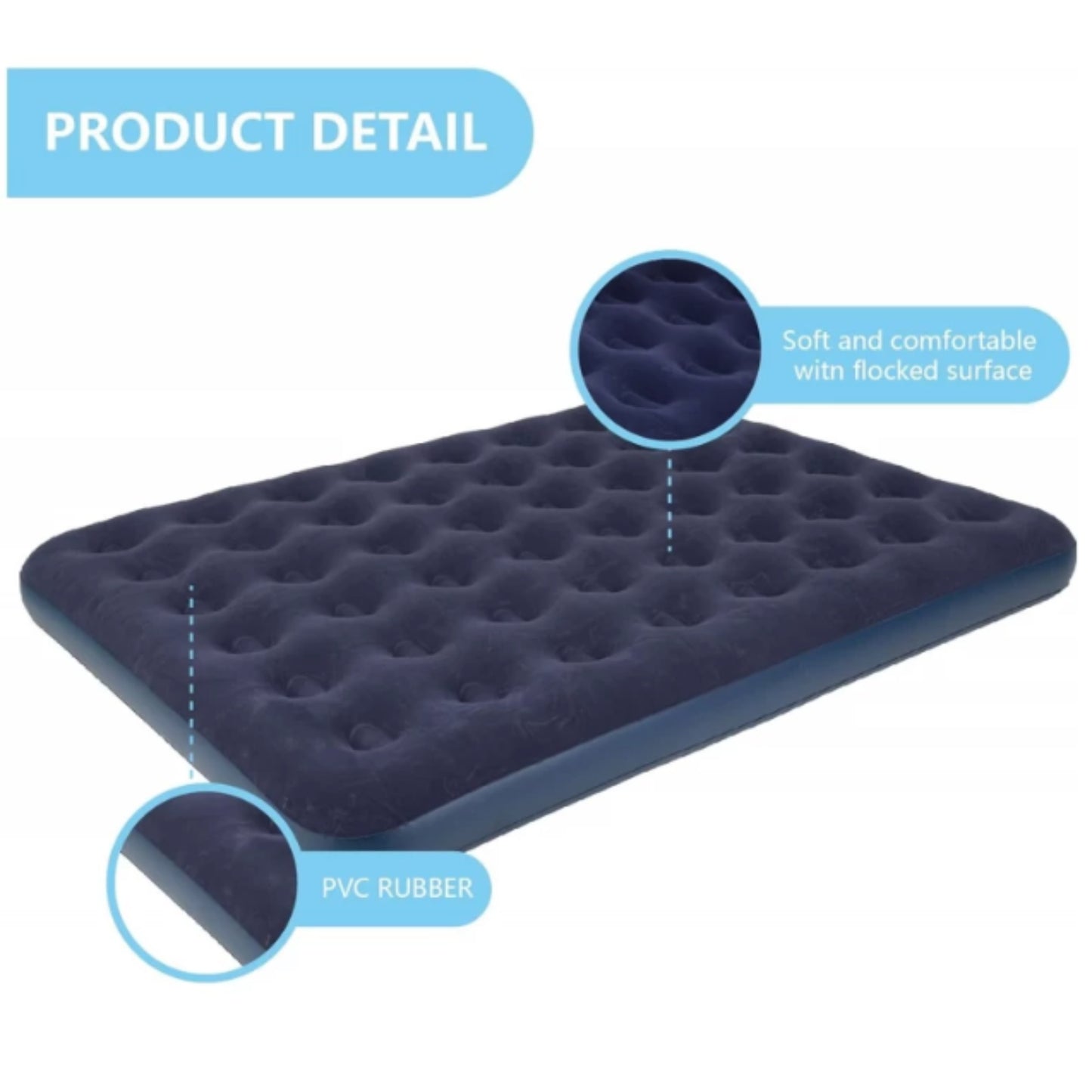 Side profile of queen inflatable air mattress showing 22cm comfortable sleeping height and heavy duty PVC vinyl base