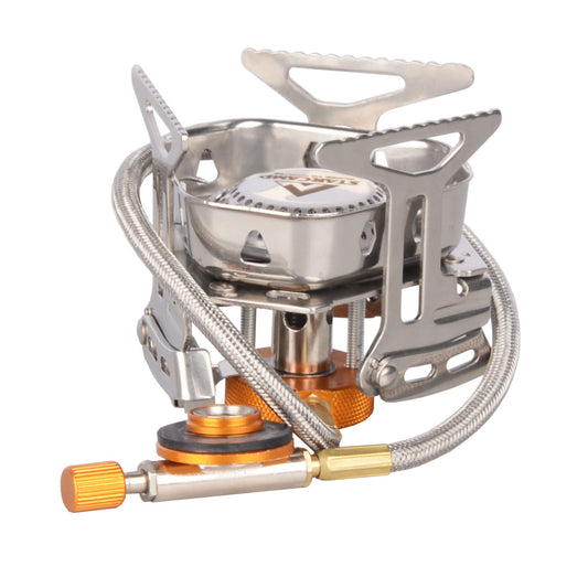 Portable camping stove with visible brand logo on a white background