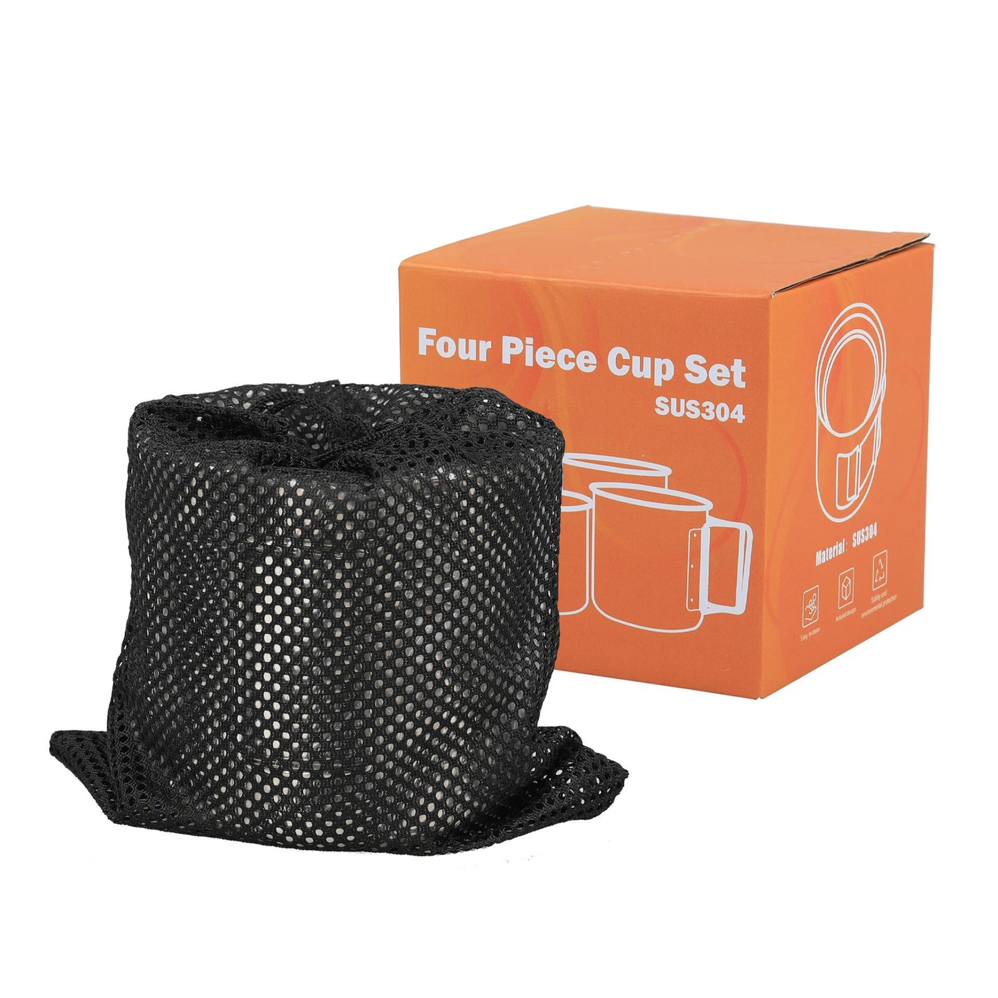 All four STARCAMP stainless steel camping cups packed inside black mesh drawstring carry bag