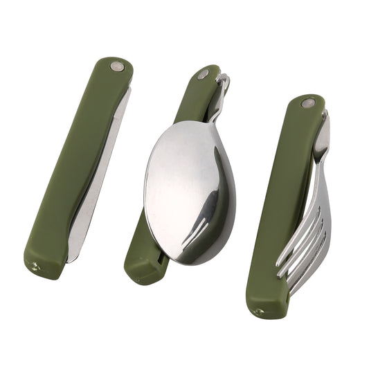 STARCAMP foldable camping fork, spoon and knife fully unfolded showing stainless steel heads and olive green handles