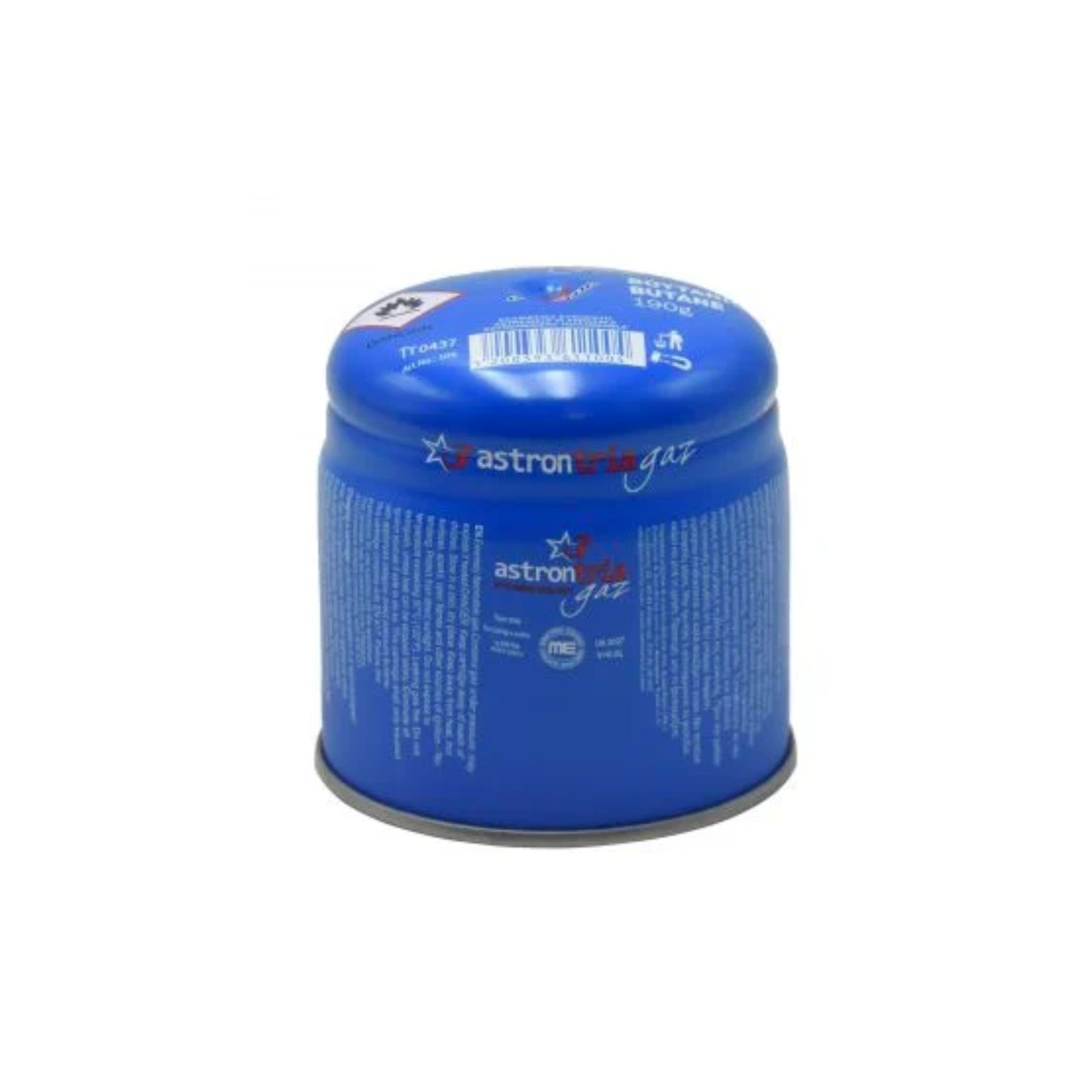 Astrontria 190g butane gas canister in all blue with compact squat shape and pierceable head for camping stoves and portable torches
