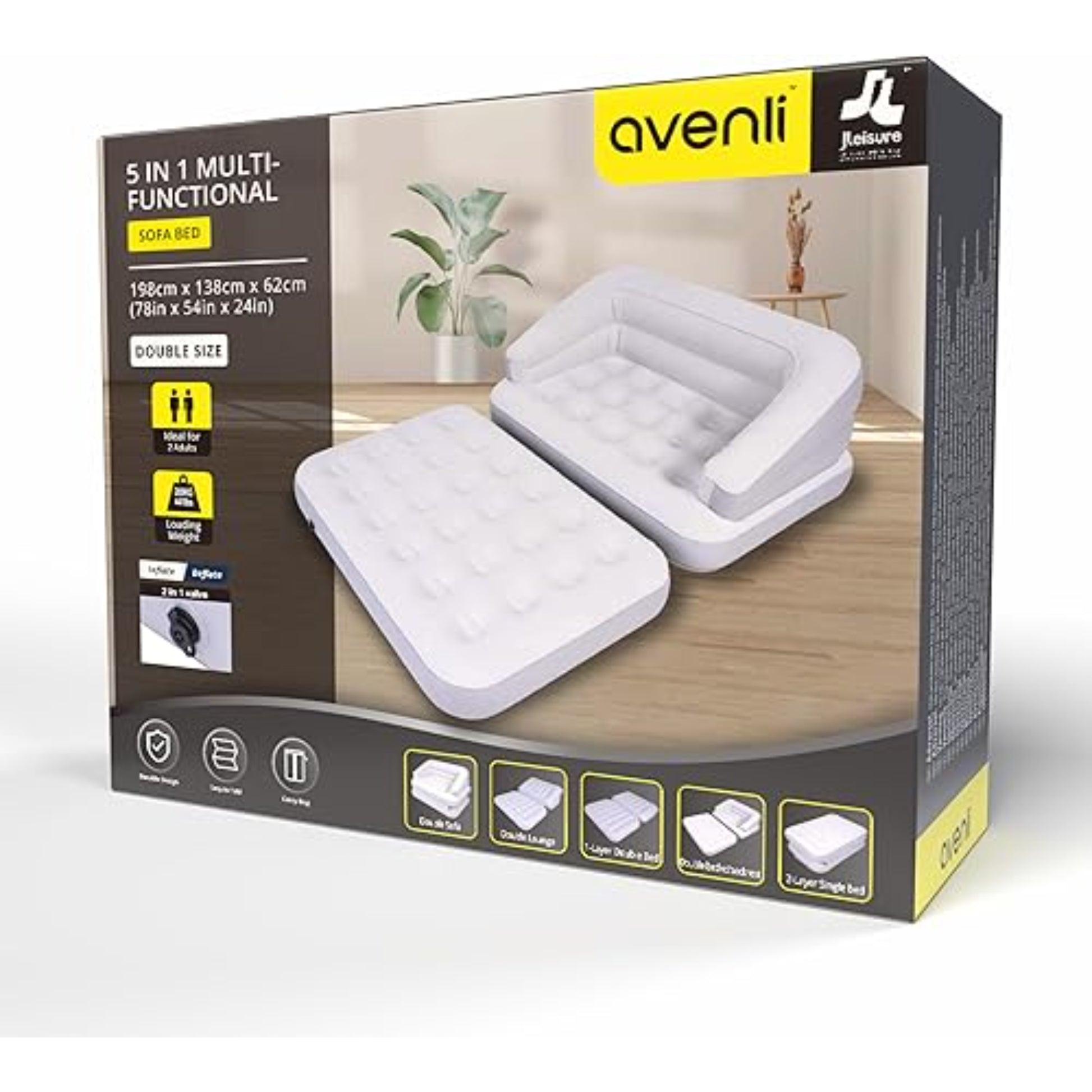 Avenli 4-in-1 inflatable sofa bed in white and grey showing sofa configuration with high backrest and wide armrests at 198 x 138 x 62cm