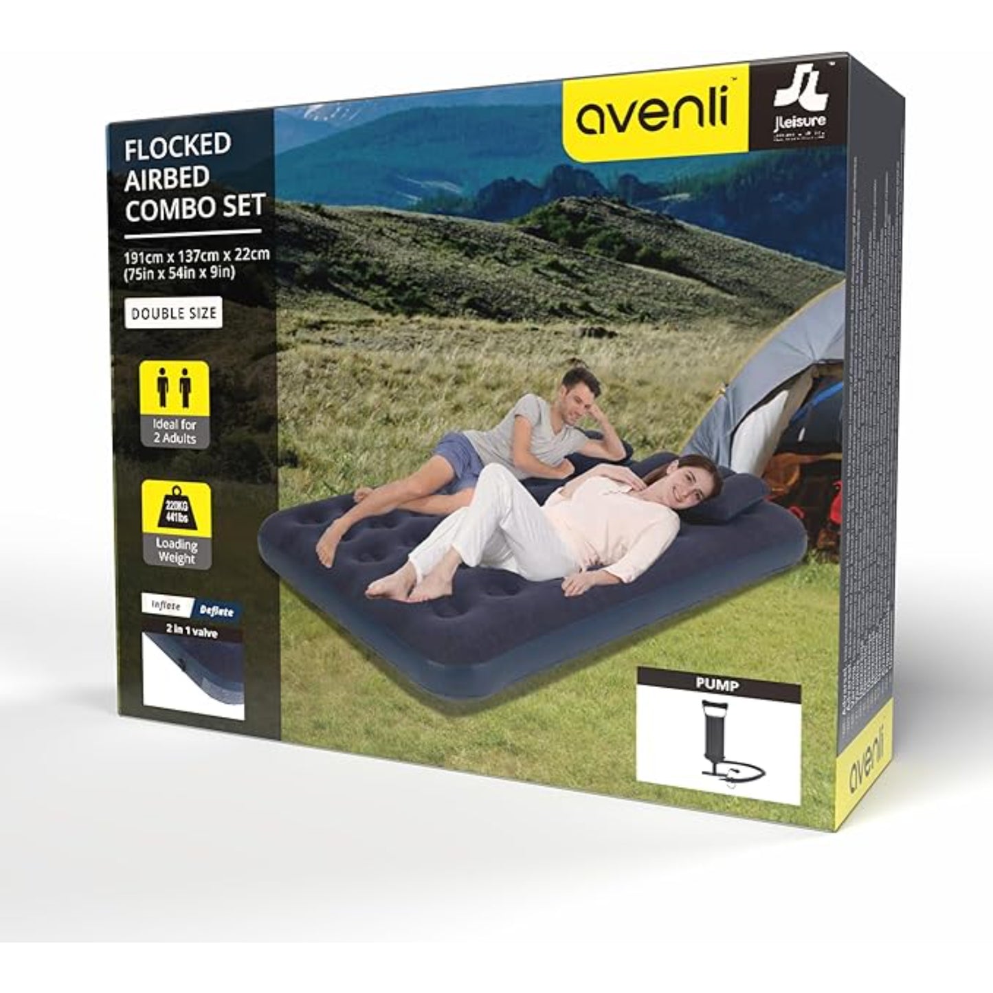Avenli double inflatable air mattress deflated and folded to compact size with pillows and pump for easy transport