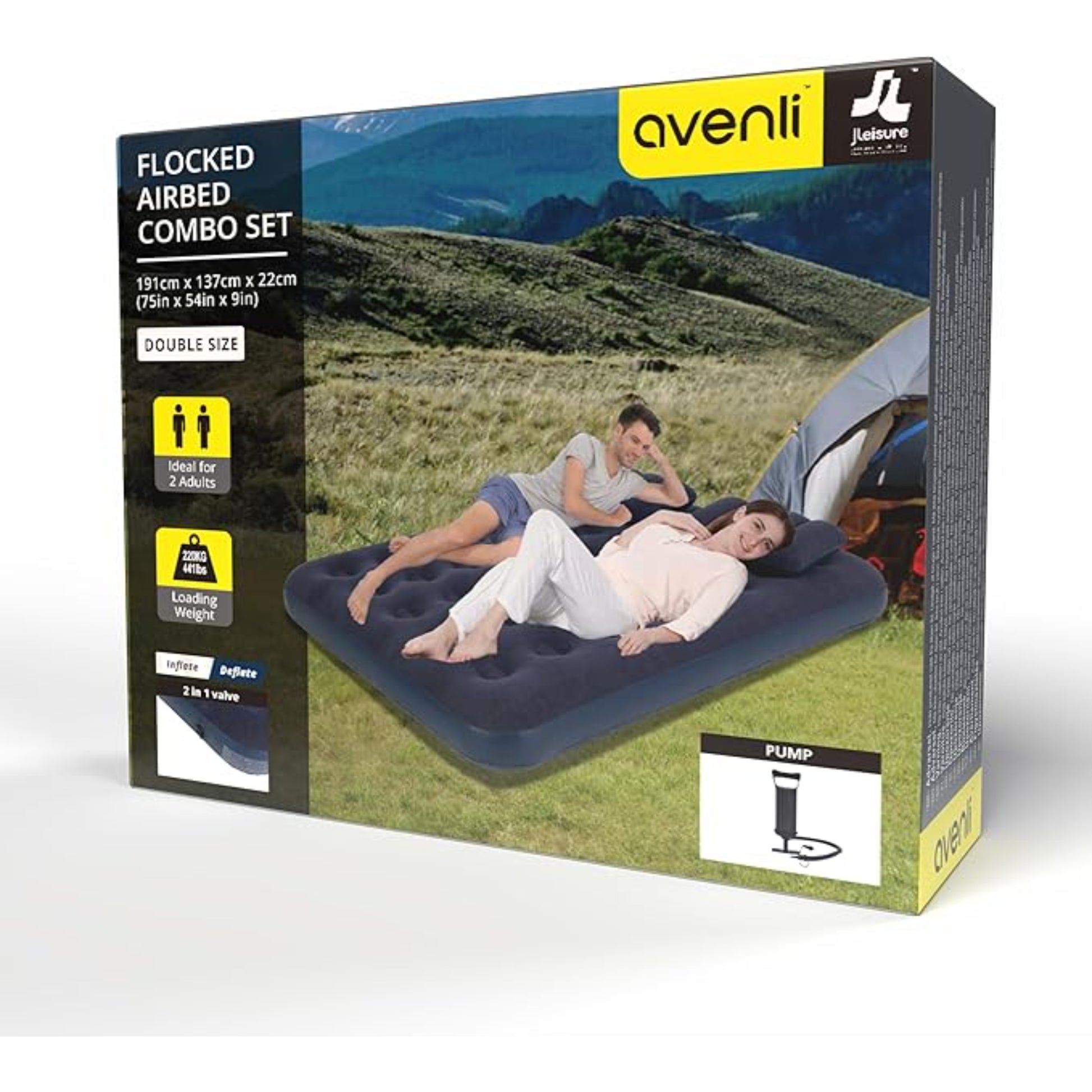 Avenli double inflatable air mattress deflated and folded to compact size with pillows and pump for easy transport