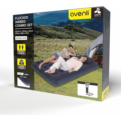 Avenli double inflatable air mattress deflated and folded to compact size with pillows and pump for easy transport