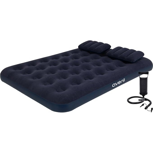 Avenli double inflatable air mattress in navy blue with two inflatable pillows and hand pump included for camping and outdoor use