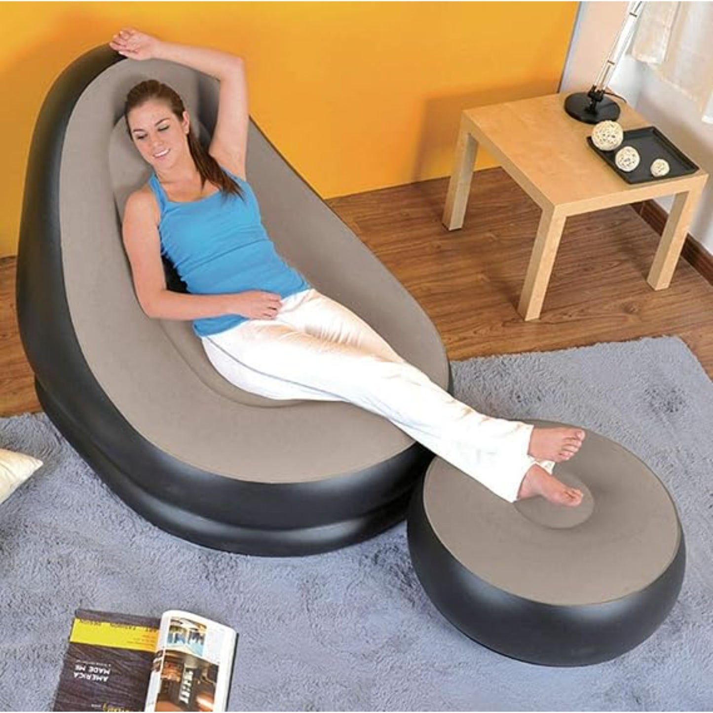 Close up of Avenli inflatable lounge chair soft grey flocked velour surface that is water-repellent and easy to clean