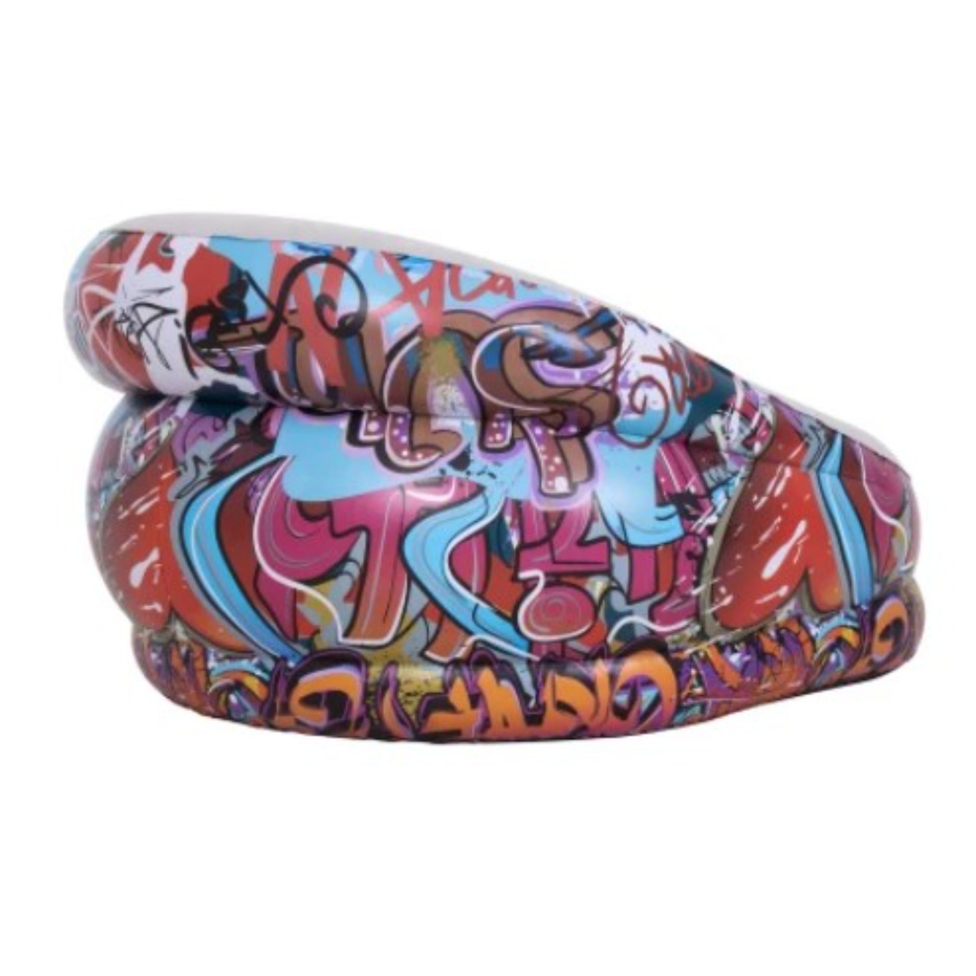 Close up of Avenli inflatable lounge chair bold graffiti artwork print on heavy duty pre-tested PVC vinyl body
