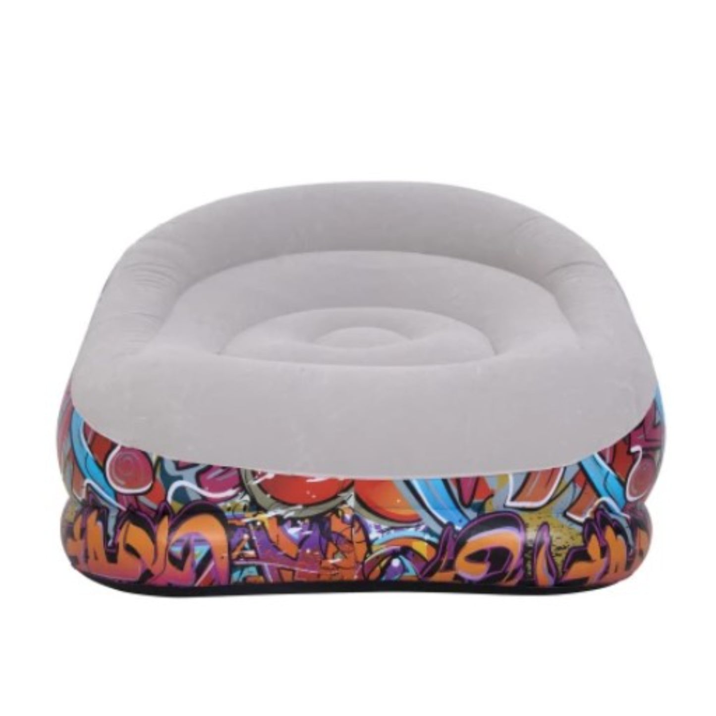 Close up of Avenli inflatable graffiti chair soft grey flocked velour seat surface for comfortable relaxation