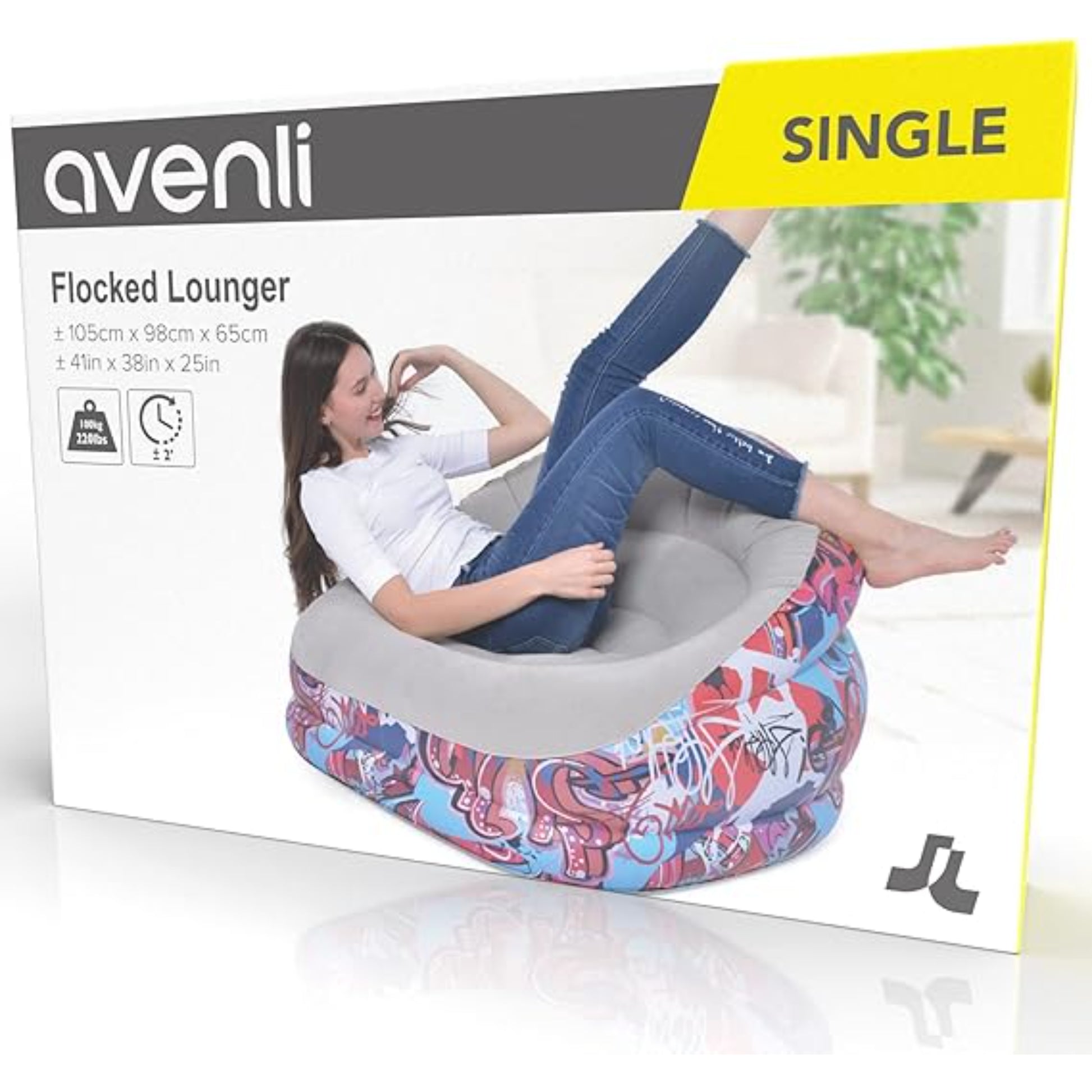 Avenli inflatable graffiti lounge chair inflated and in use showing 105 x 98 x 65cm comfortable seating size