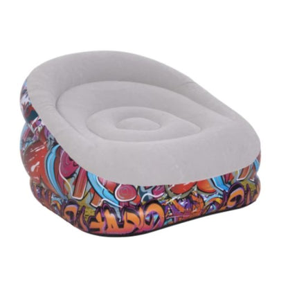 Avenli inflatable graffiti lounge chair with bold multicolour graffiti print PVC body and soft grey flocked velour seat
