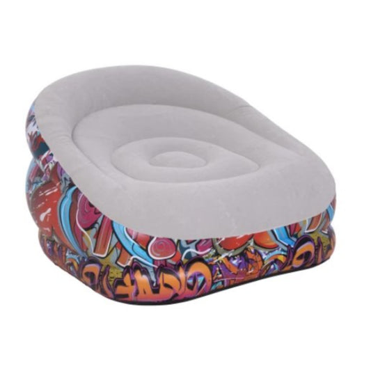 Avenli inflatable graffiti lounge chair with bold multicolour graffiti print PVC body and soft grey flocked velour seat