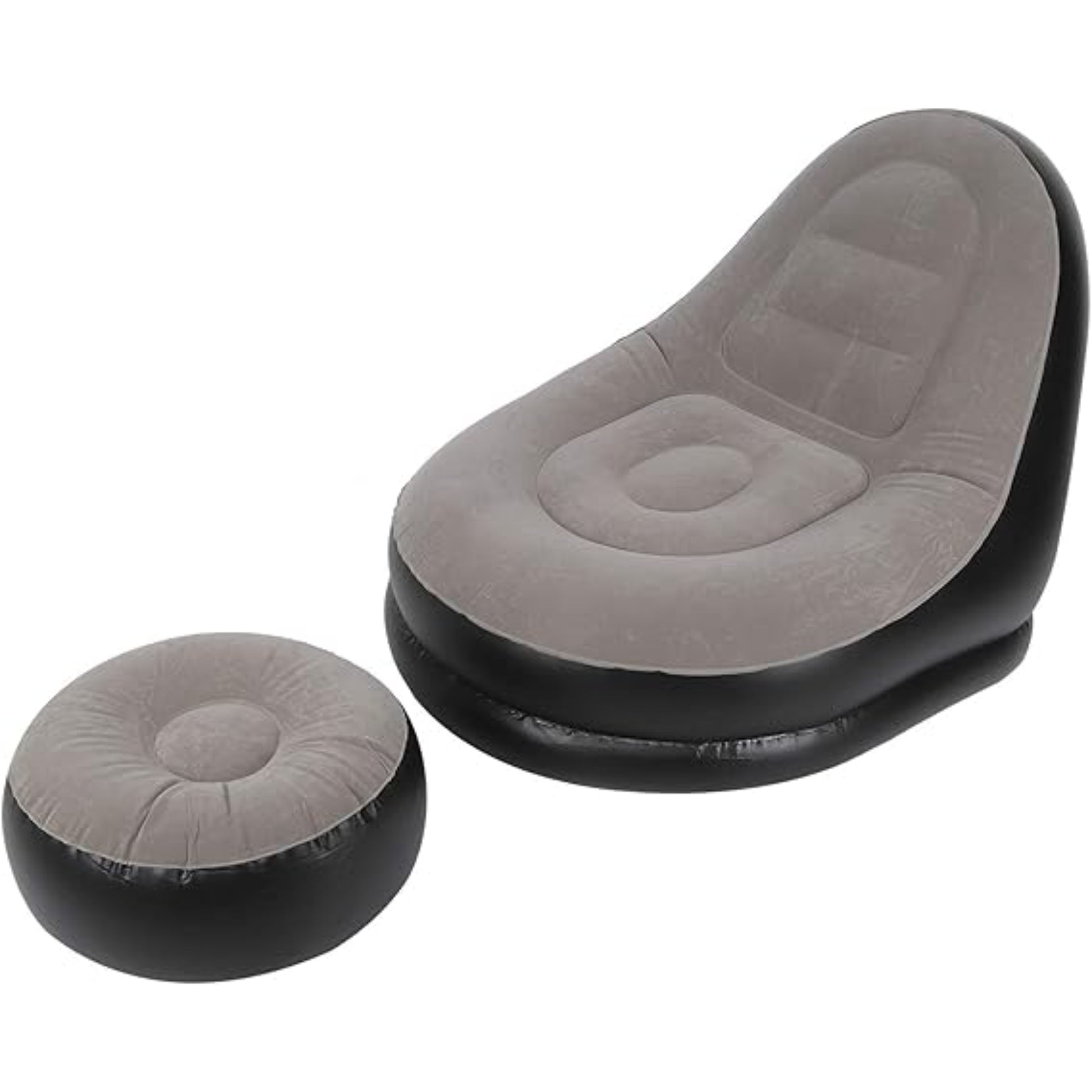 Avenli inflatable high-back lounge chair and matching round ottoman in black and grey with built-in cup holder and flocked velour surface