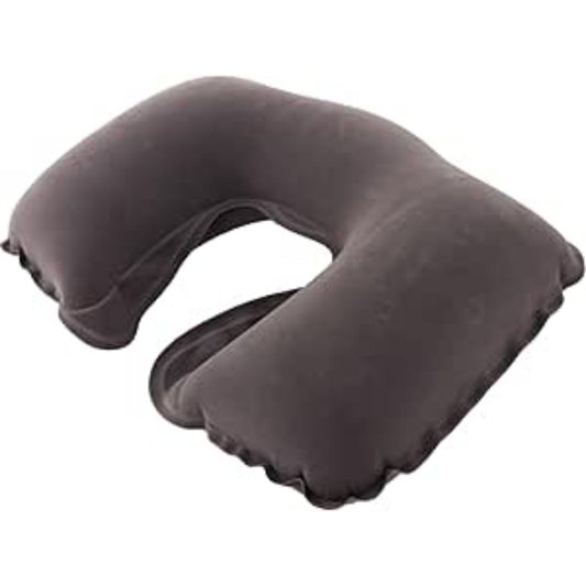 Avenli inflatable U-shape neck pillow in dark grey with soft flocked velour surface at 45 x 28cm for travel and camping