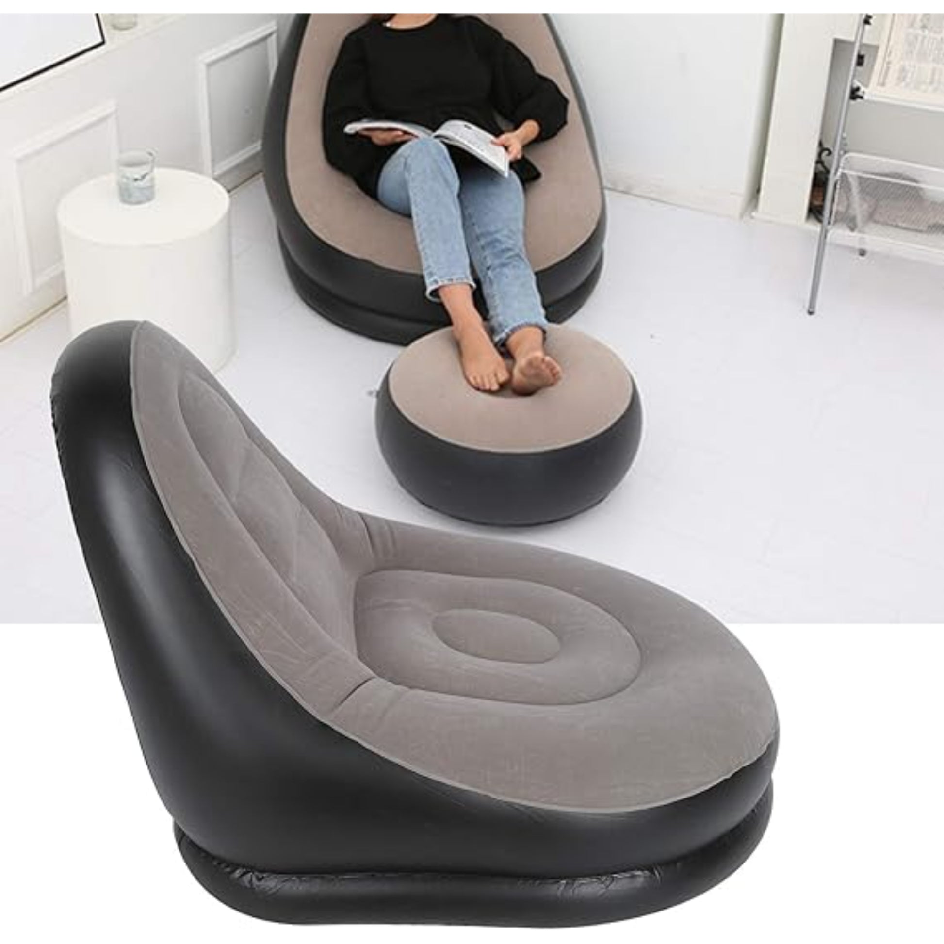 Close up of Avenli matching round inflatable ottoman in black PVC with grey flocked top at 56 x 27cm