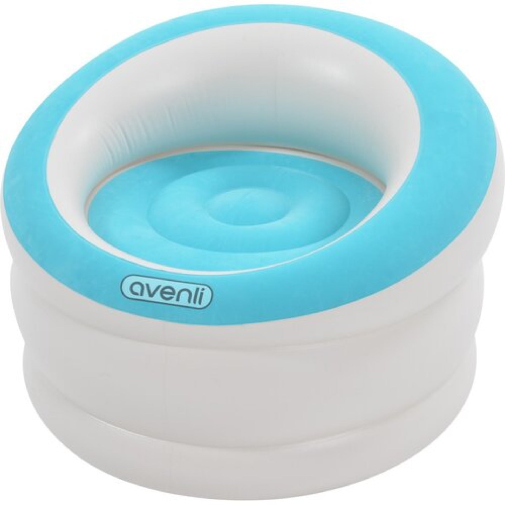 Avenli inflatable round armchair in turquoise blue with deep flocked seat and white ribbed PVC barrel base at 85 x 82 x 60cm