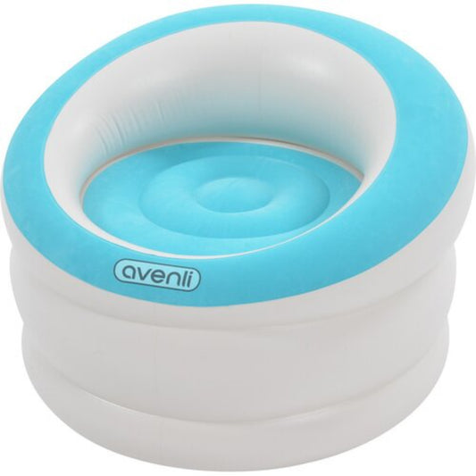 Avenli inflatable round armchair in turquoise blue with deep flocked seat and white ribbed PVC barrel base at 85 x 82 x 60cm