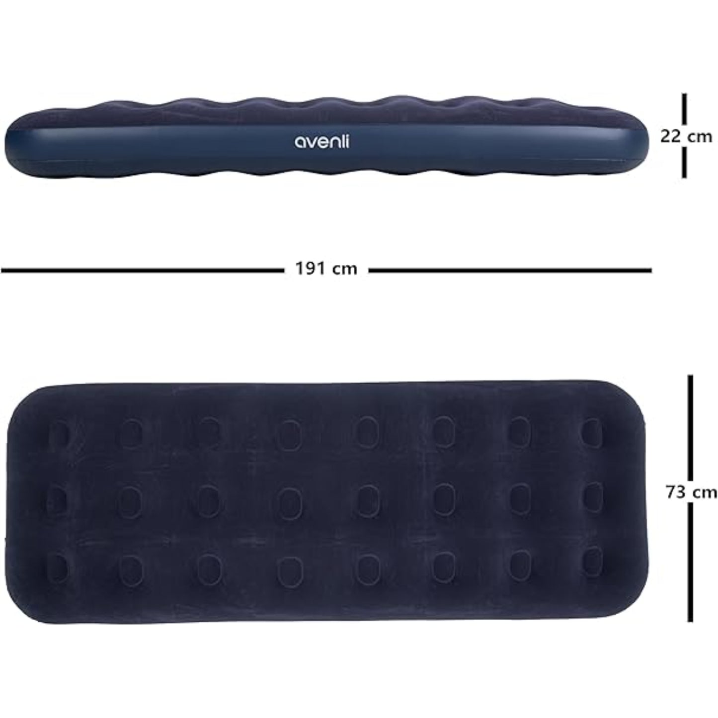 Side profile of Avenli inflatable air bed showing 22cm inflated height and waterproof PVC base