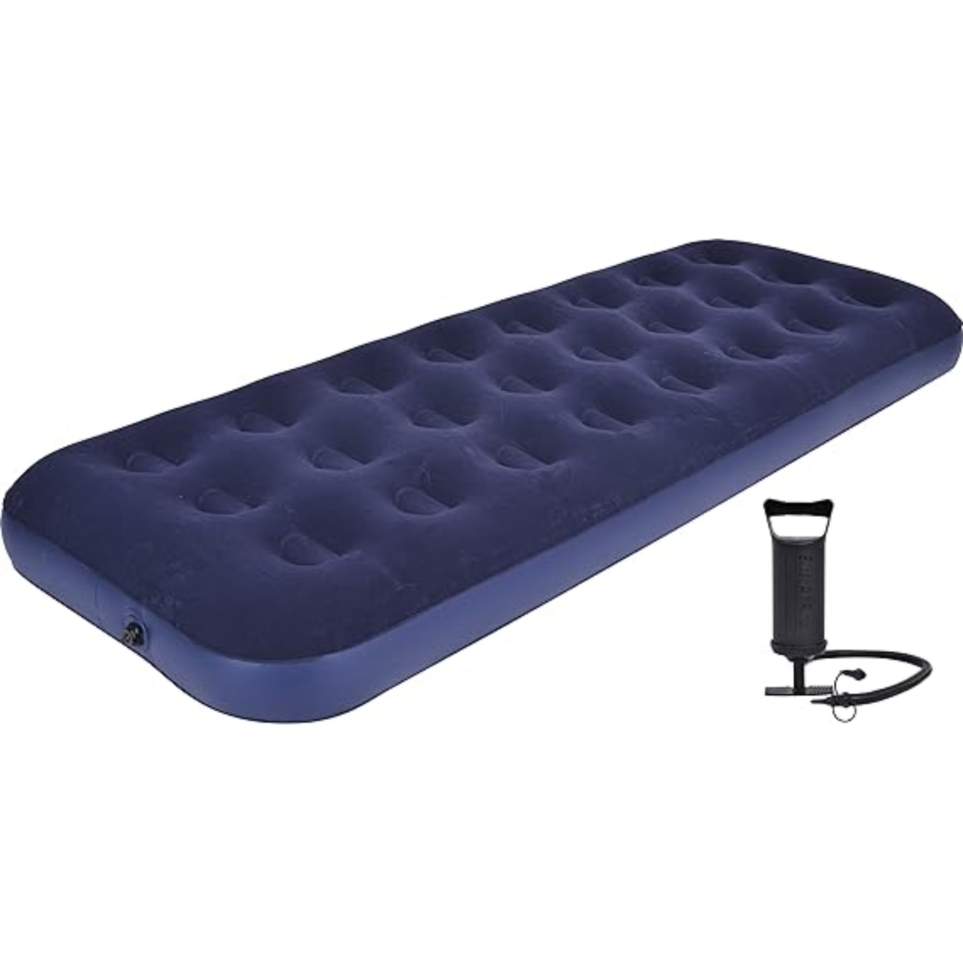 Avenli single inflatable air mattress in navy blue with hand pump and 2 adapters included at 191 x 73 x 22cm