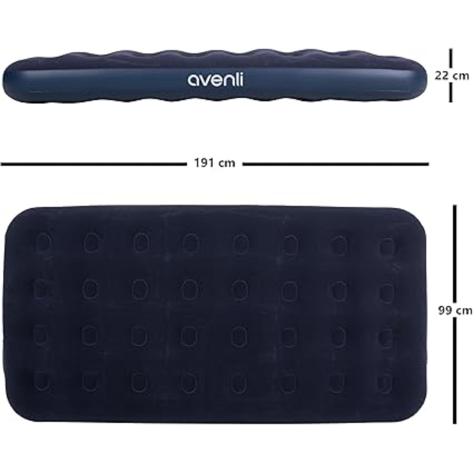 Side profile of Avenli twin inflatable camping mattress showing 22cm comfortable sleeping height and reinforced PVC base