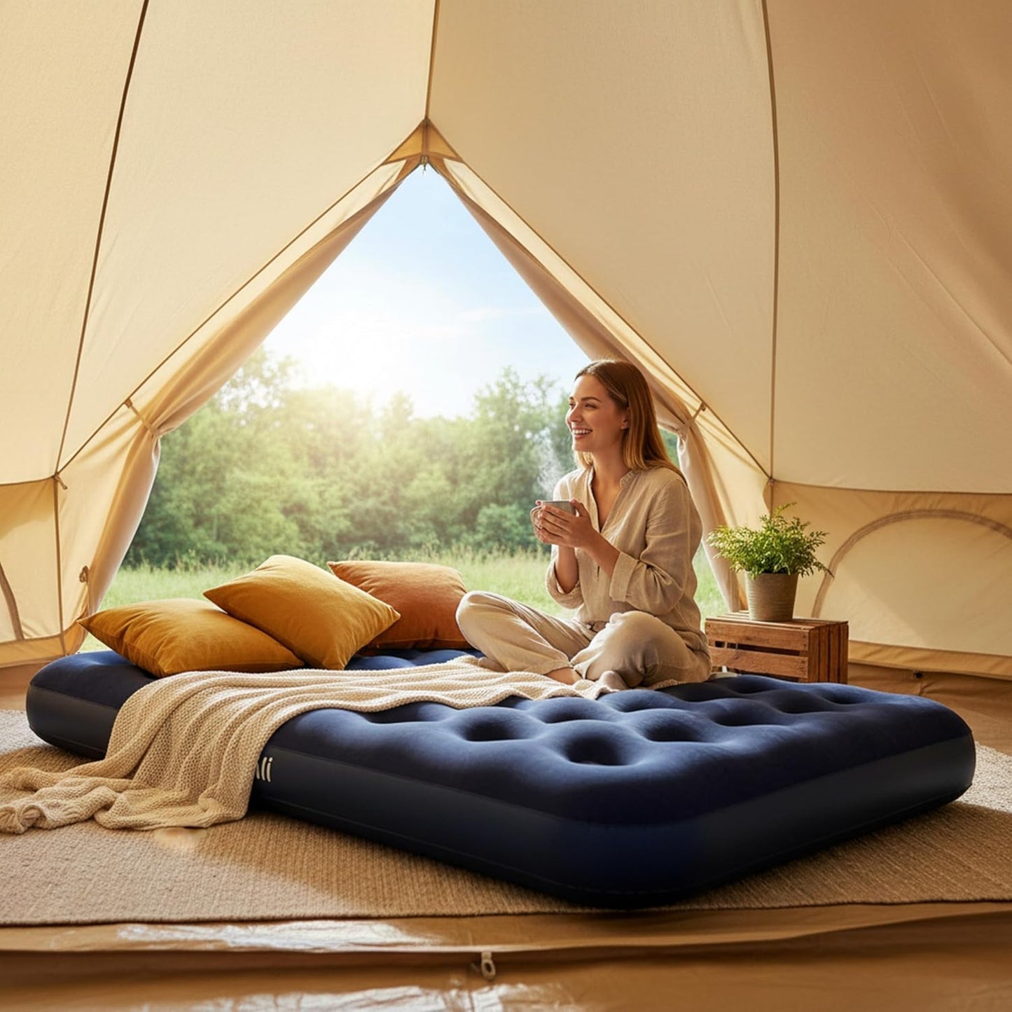 Woman sitting inside a tent with an inflatable mattress and pillows, enjoying a cup of coffee.