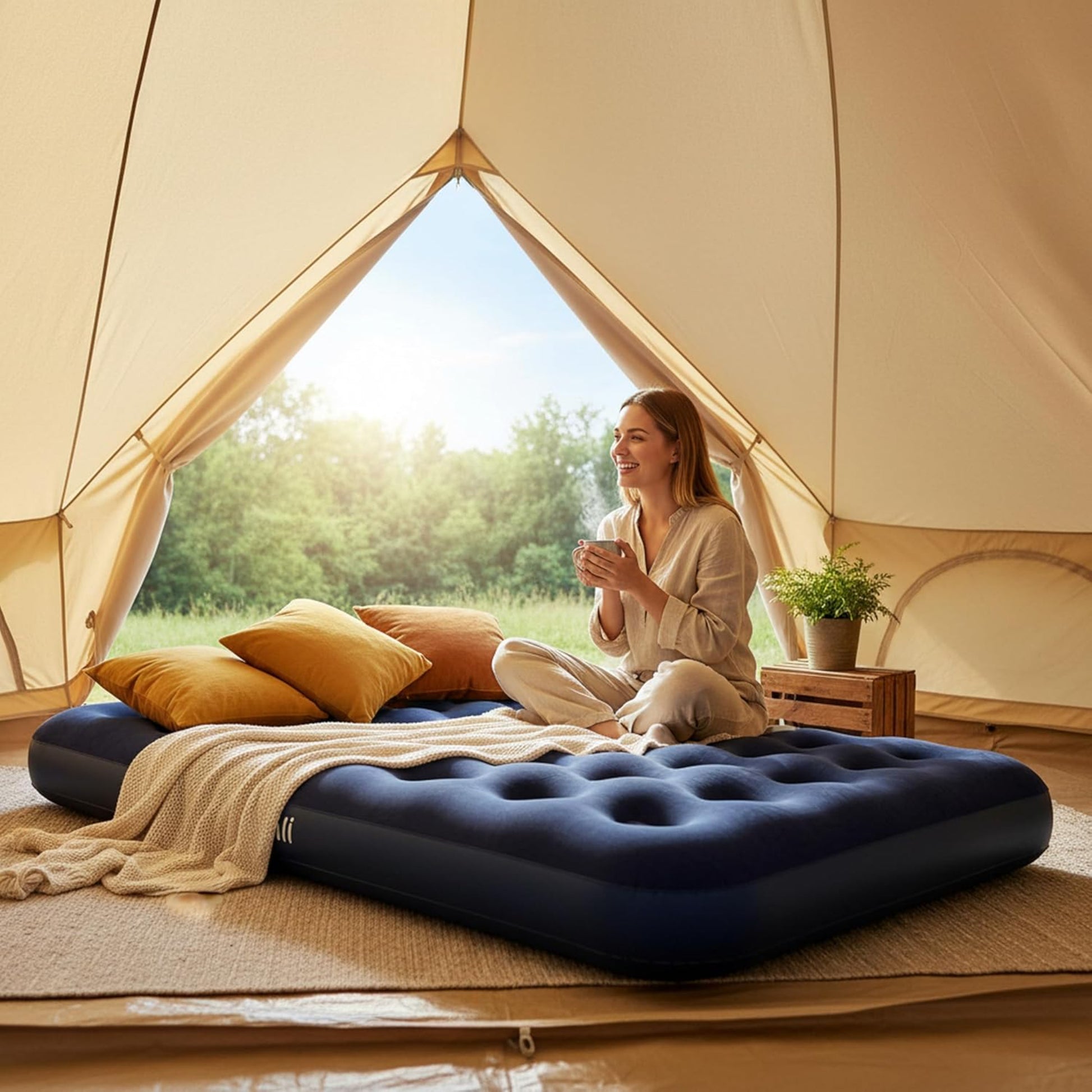 Woman sitting inside a tent with an inflatable mattress and pillows, enjoying a cup of coffee.