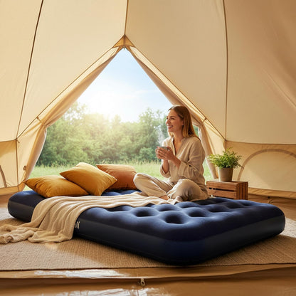 Woman sitting inside a tent with an inflatable mattress and pillows, enjoying a cup of coffee.