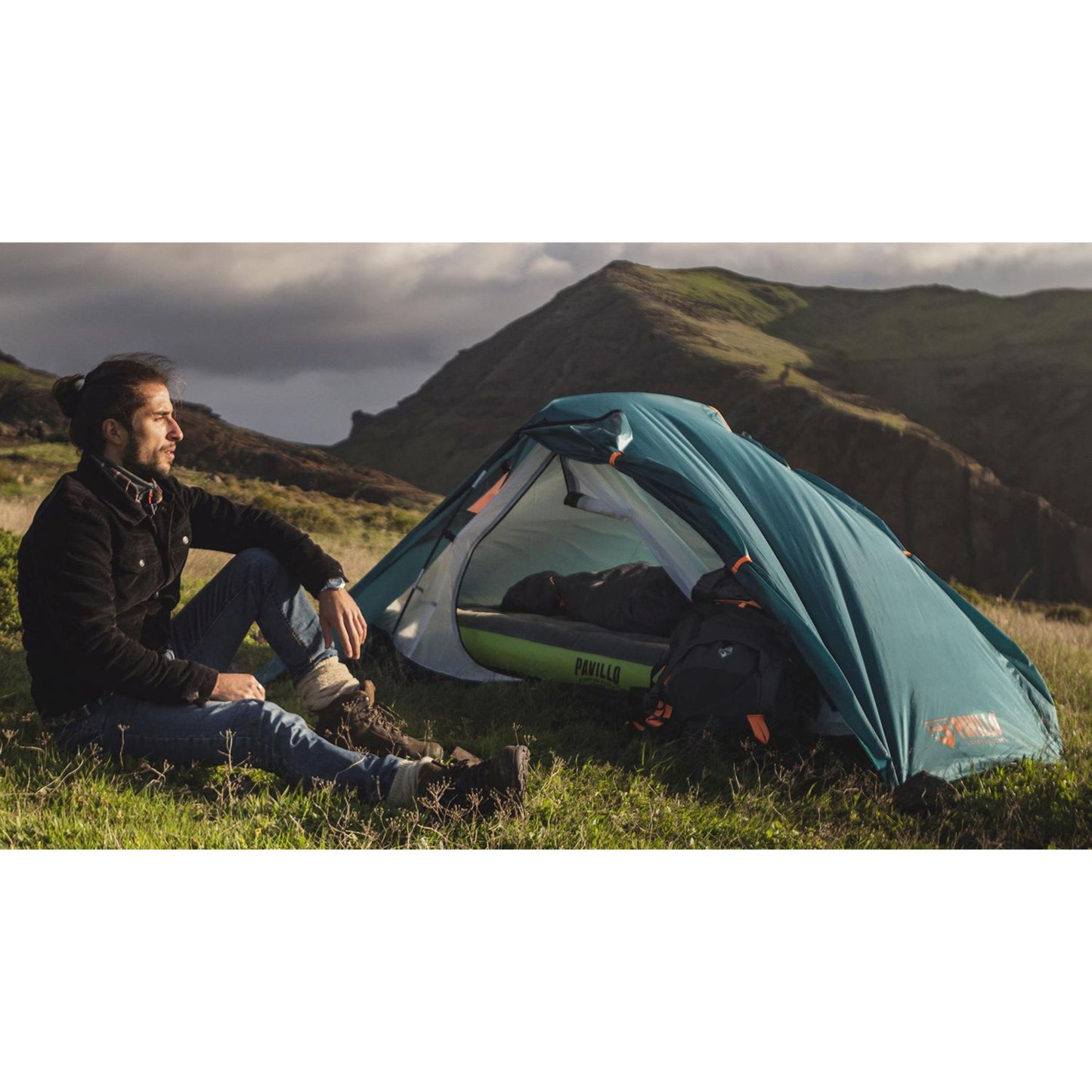 Close up of Bestway Pavillo Hike Dome 2 tent side entrance with full length zip and insect mesh inner door