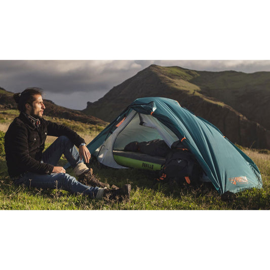 Close up of Bestway Pavillo Hike Dome 2 tent side entrance with full length zip and insect mesh inner door