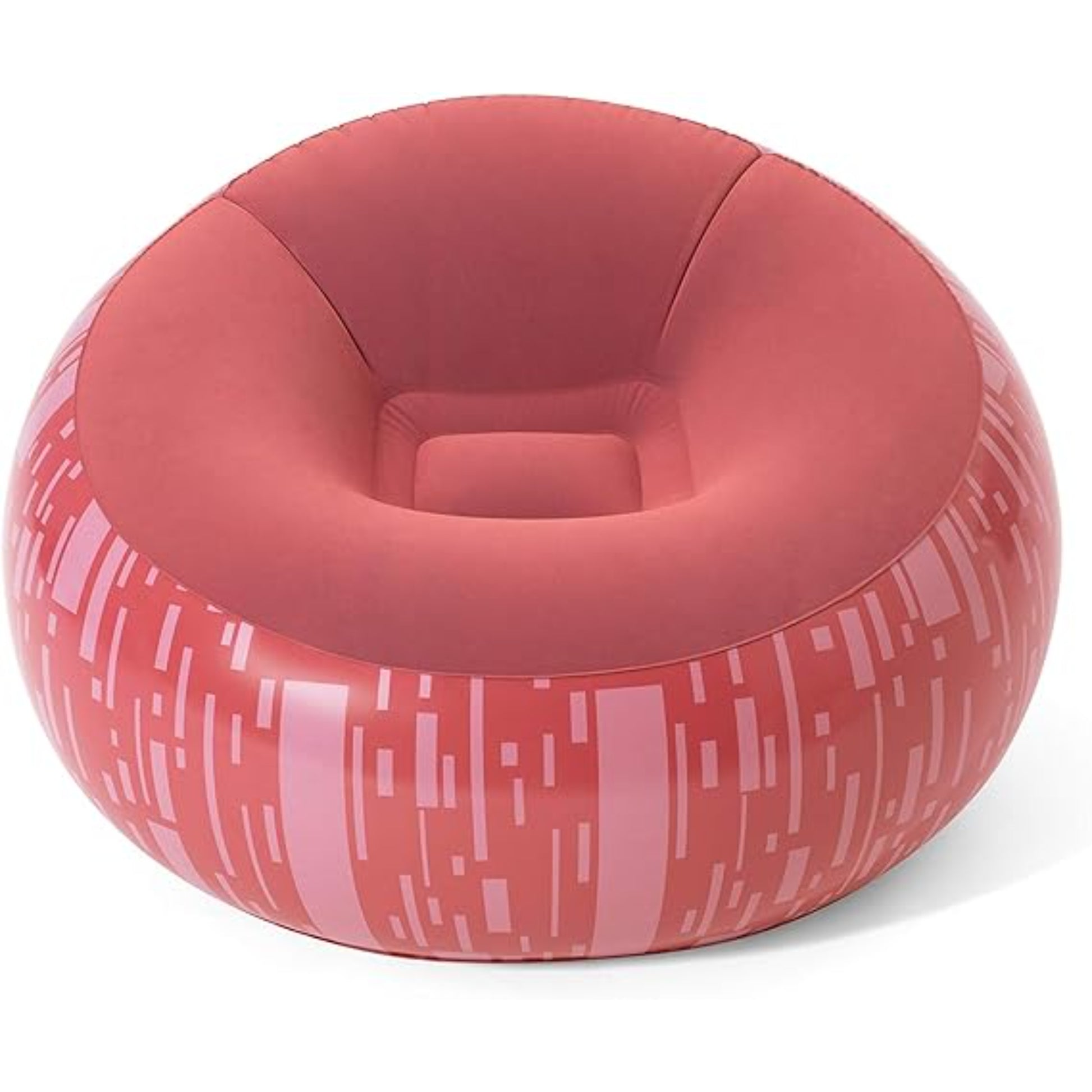 Bestway inflatable round armchair in coral pink with abstract stripe pattern print and soft velvet-like flocked seat at 112 x 112 x 66cm