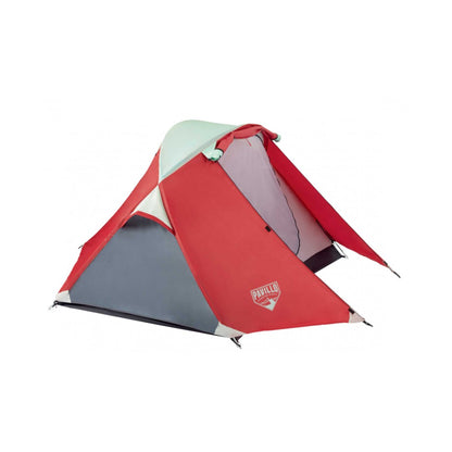 Bestway Pavillo Calvino 2-person camping tent in red, grey and mint green with extended vestibule and streamlined dome structure