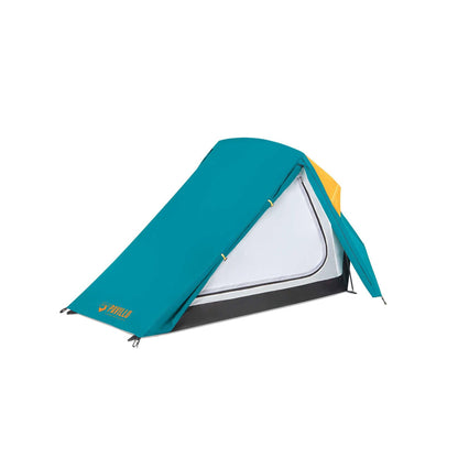 Bestway Pavillo Hike Dome 2 person camping tent in teal and yellow with A-frame design and open door showing white inner mesh layer