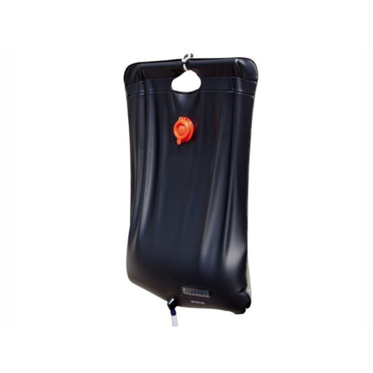 Bestway 20L solar camping shower bag in matte black hanging with orange flow tap, built-in thermometer and shower nozzle tube