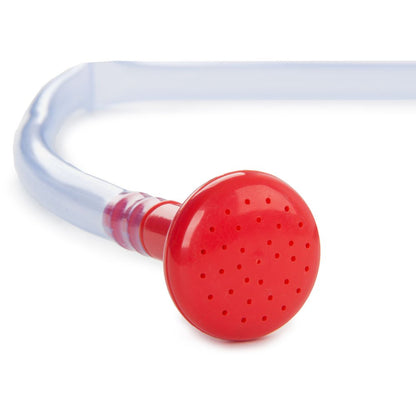 Close up of Bestway solar shower bag built-in thermometer strip showing water temperature inside 20 litre tank