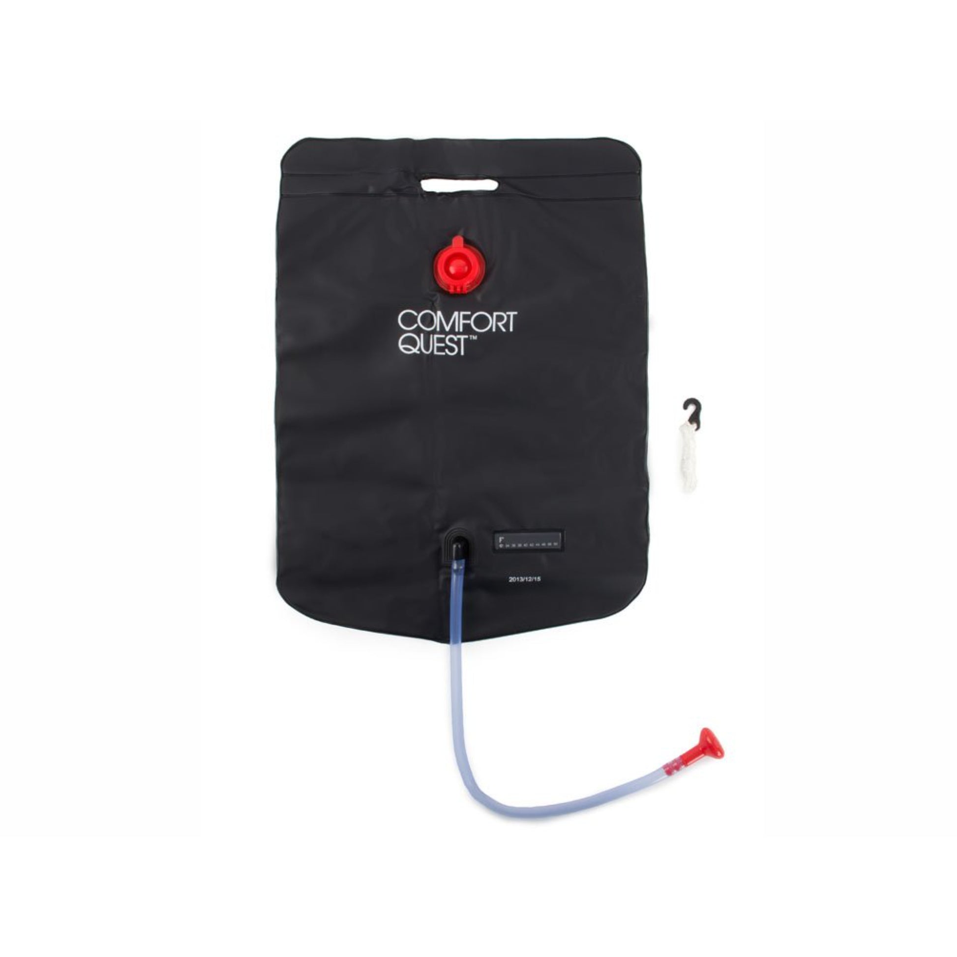 Close up of Bestway solar camping shower bag orange flow control tap for easy water on and off control