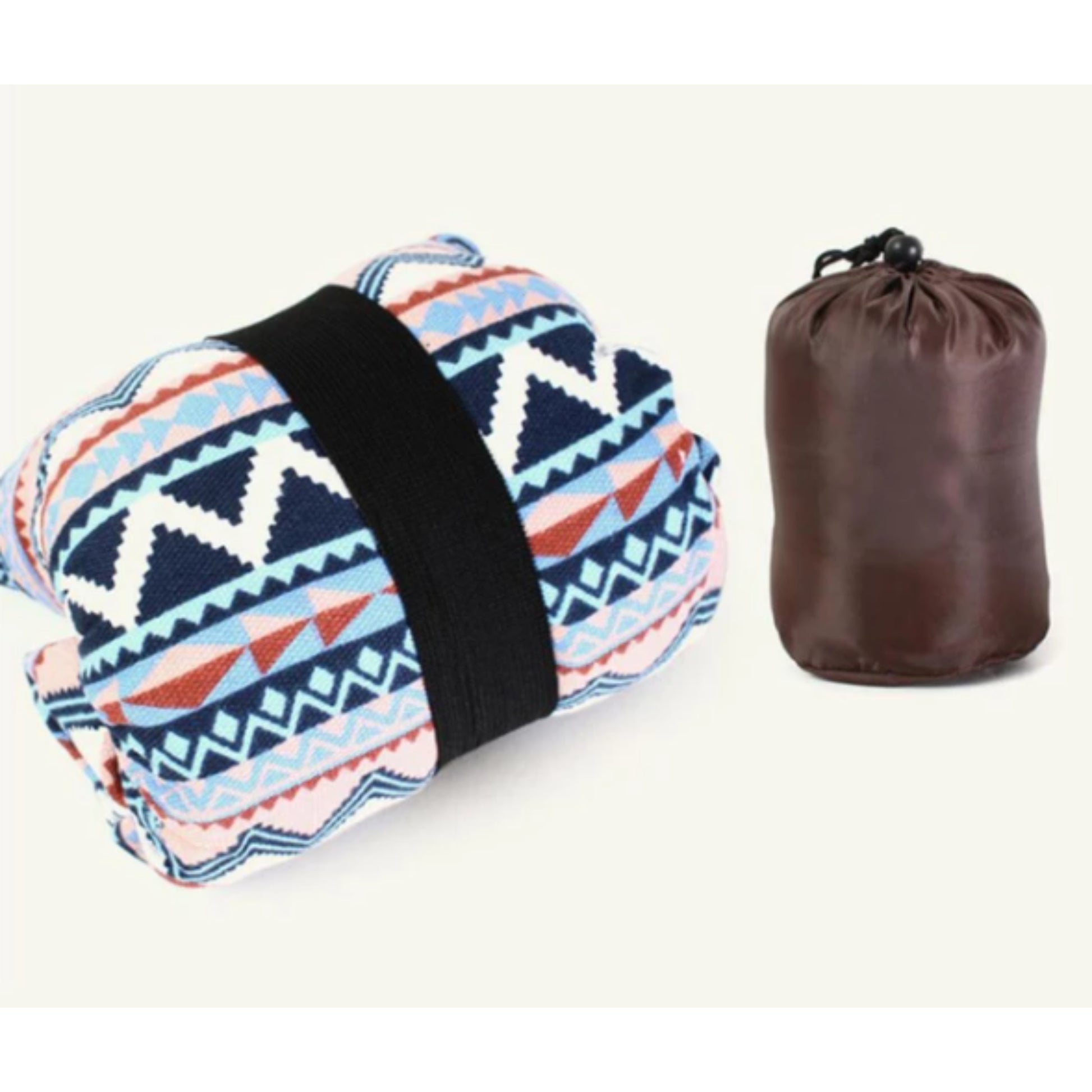 Close up of boho ethnic camping pillow soft cotton cover showing quality fabric texture and washable removable design