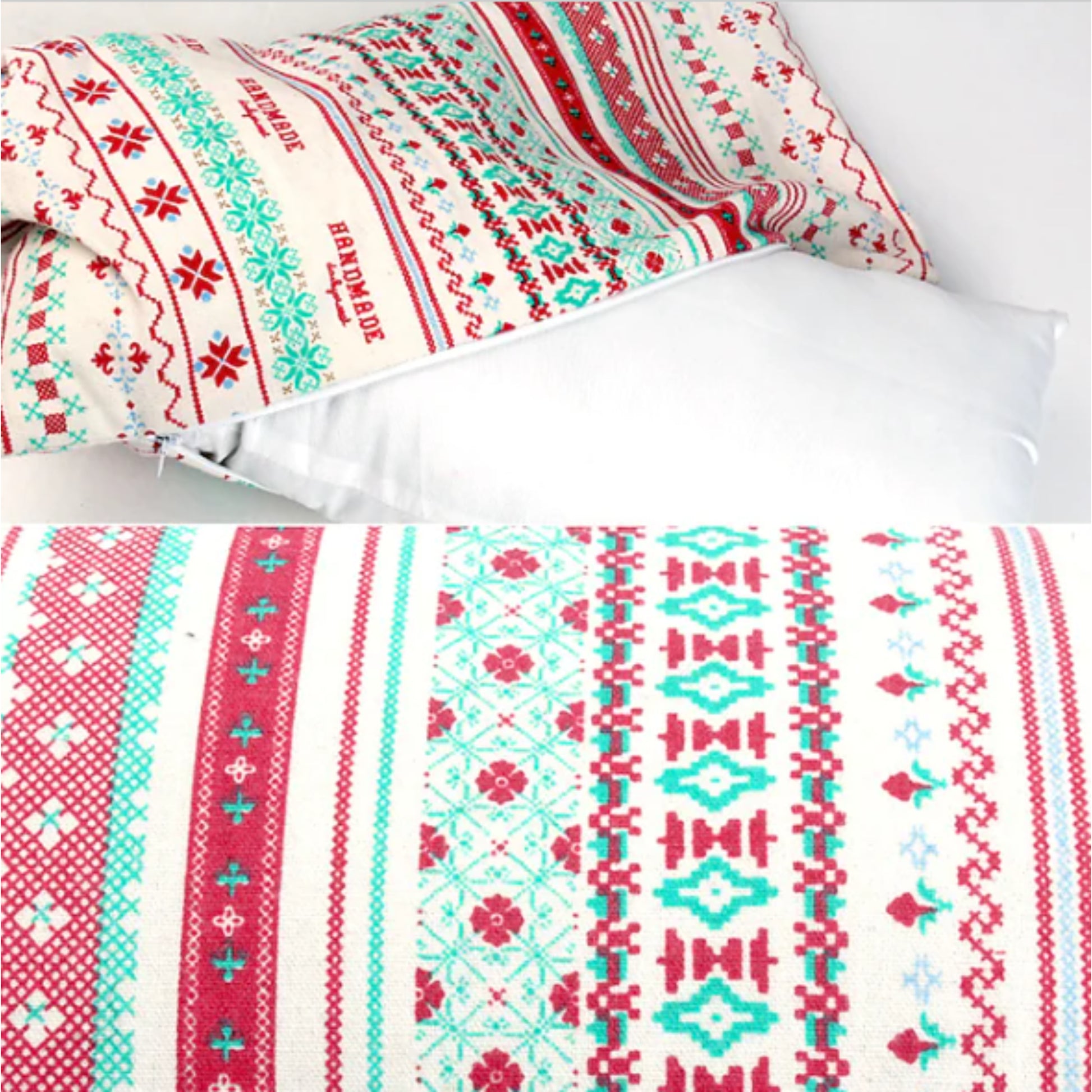 Boho ethnic foam camping pillow paired with matching ethnic pennant bunting decoration at outdoor campsite