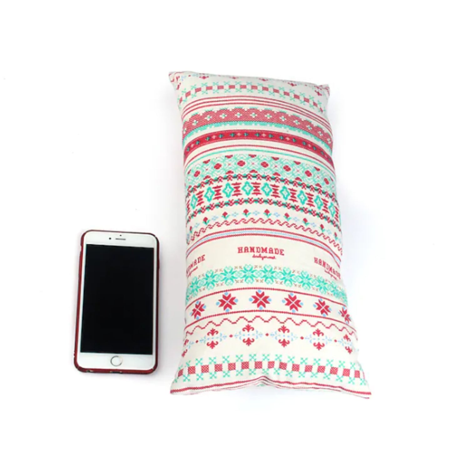 Boho ethnic foam camping pillow in use at campsite inside tent showing comfortable head and neck support