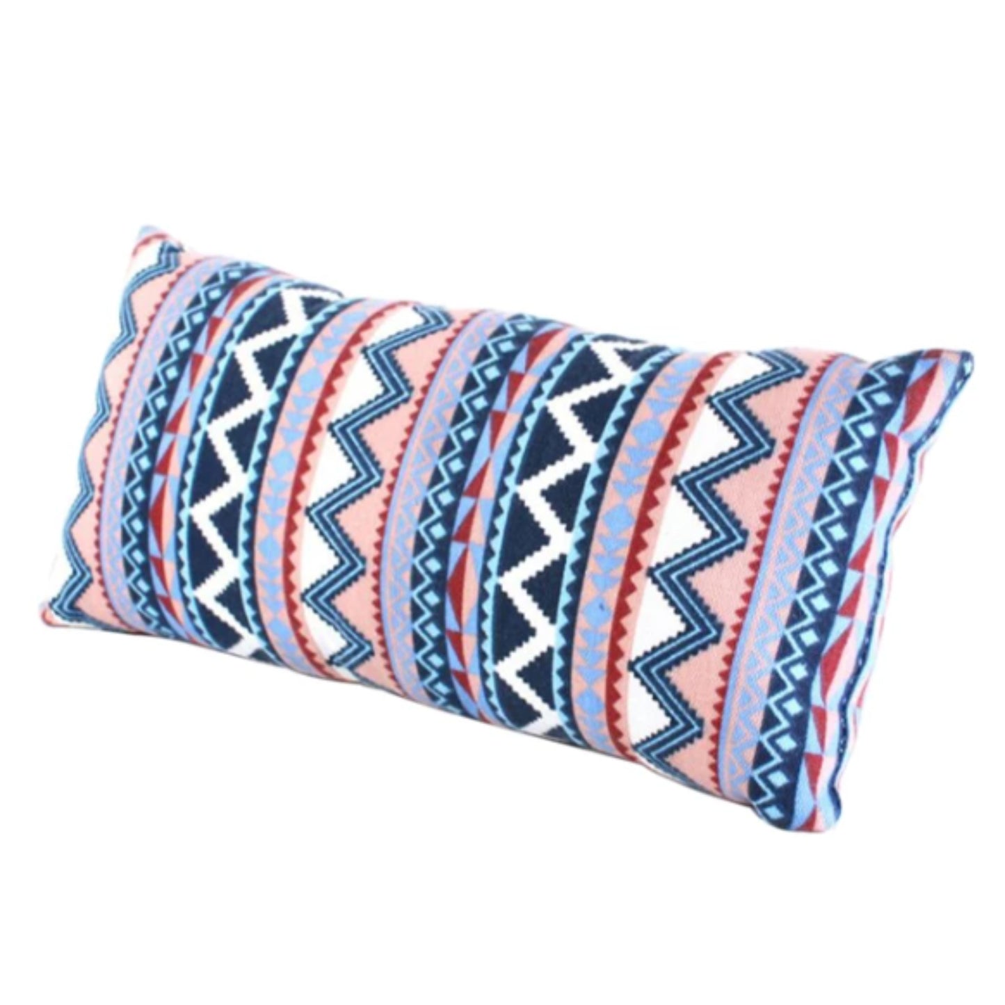 Boho ethnic foam camping pillow with bold navy, pink and blue zigzag geometric pattern on soft washable cotton cover at 39 x 18 x 6cm