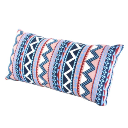 Boho ethnic foam camping pillow with bold navy, pink and blue zigzag geometric pattern on soft washable cotton cover at 39 x 18 x 6cm