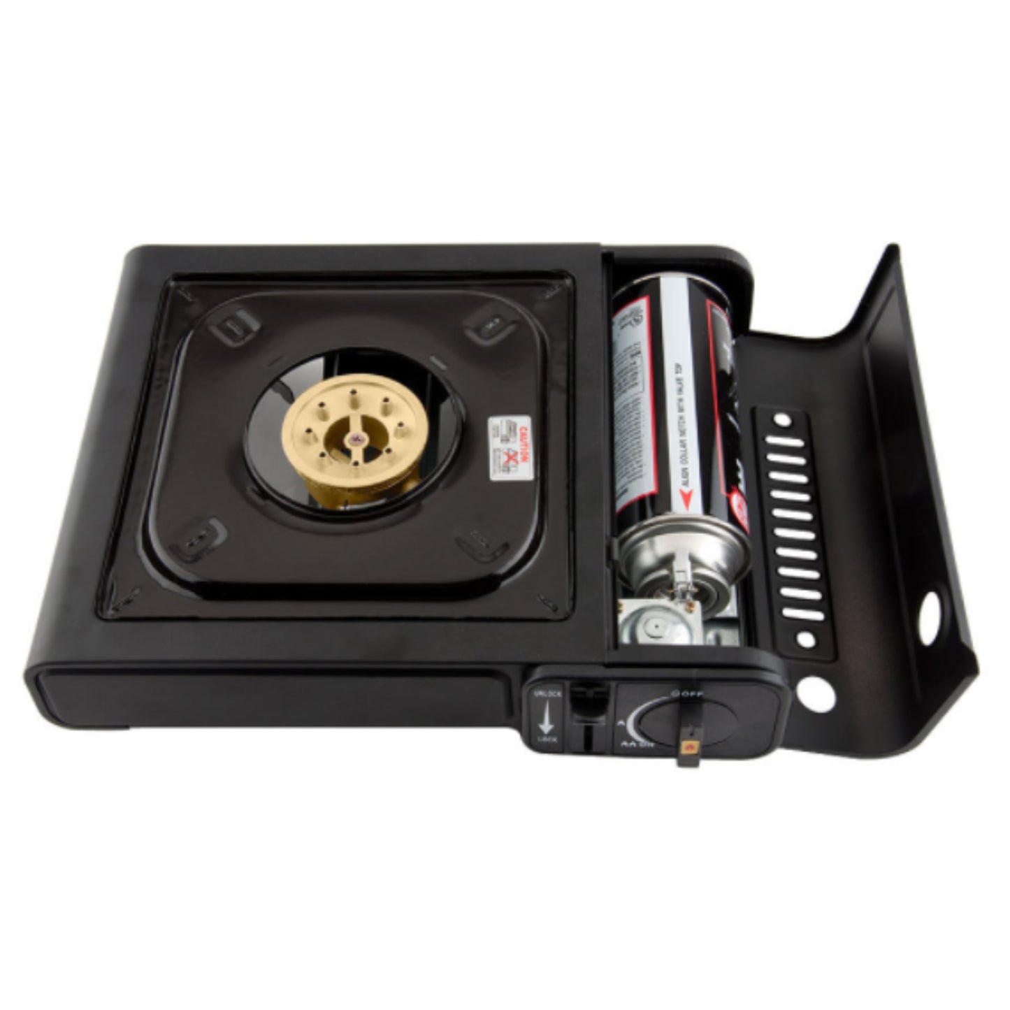 Close up of portable butane cassette stove round burner with pot support arms and ceramic enamel-coated drip pan