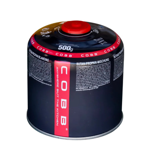 COBB 500g butane-propane blend gas canister in navy blue with red branding stripe and red self-seal screw-top valve cap